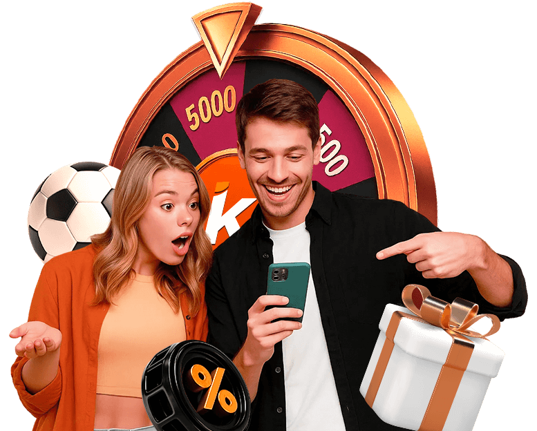 Sekabet bonus başlığının önünde duran genç bir kadın ve telefonuna bakan genç bir erkek ile arkadaki büyük çark