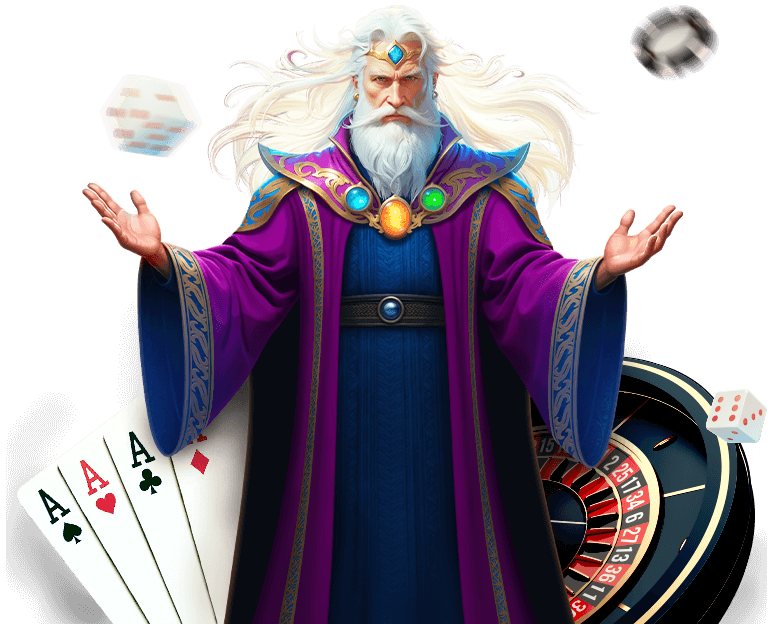 Sekabet casino başlığının önünde duran büyücü karakter ve etrafındaki casino öğeleri