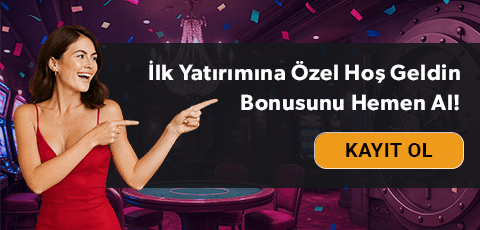 Kırmızı elbiseli bir kadın hoş geldin bonusu kutucuğunu işaret ediyor ve yanında kayıt ol butonu bulunuyor