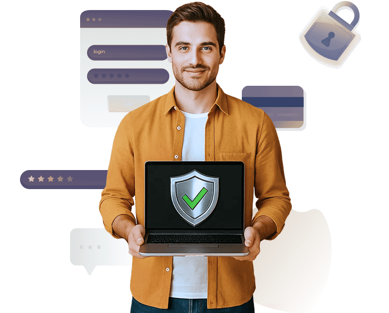 Sekabet güvenilir mi başlığının altında laptop tutan bir erkek ve çevresinde güvenlik ikonları