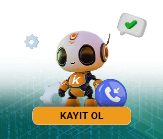 Küçük robot karakter ve önünde duran kayıt ol butonu